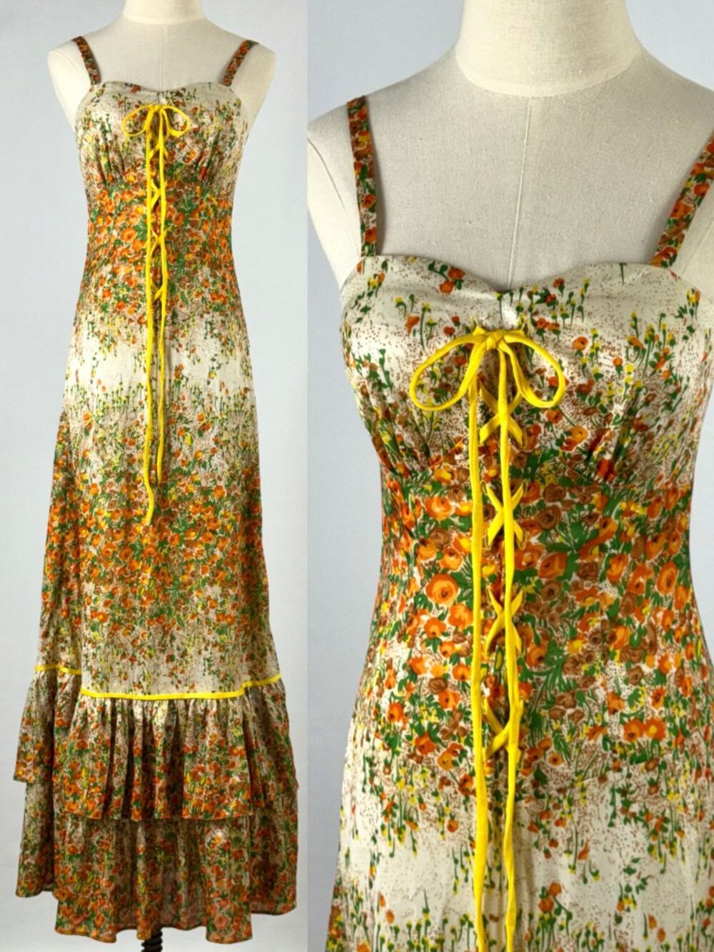 Vtg 70s Floral Tiered Ruffle Maxi Dress Lace Up Front Empire Waist Rennaissance